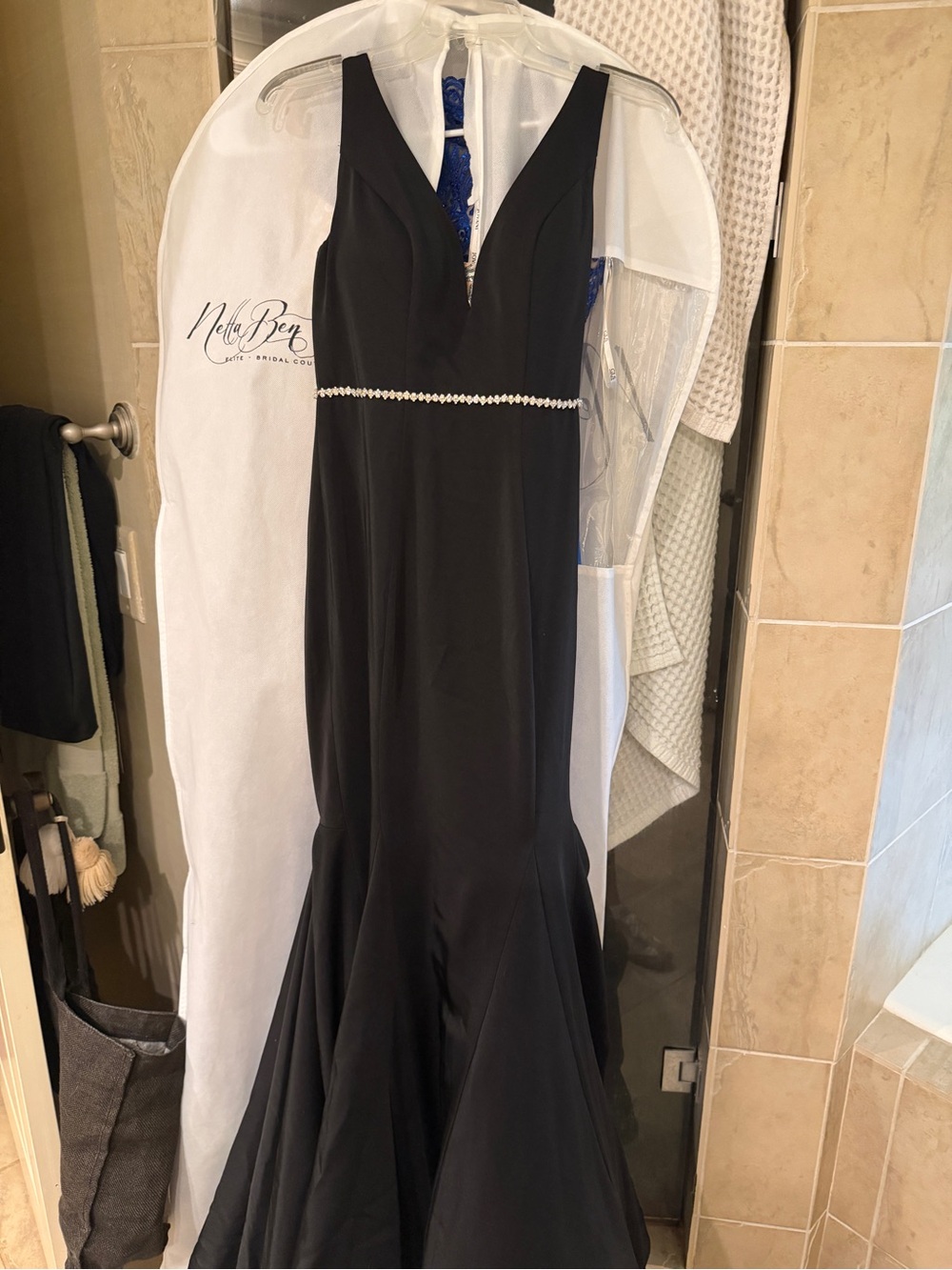 Jovani Black Fitted V-Neck Prom Gown with Waist Accent